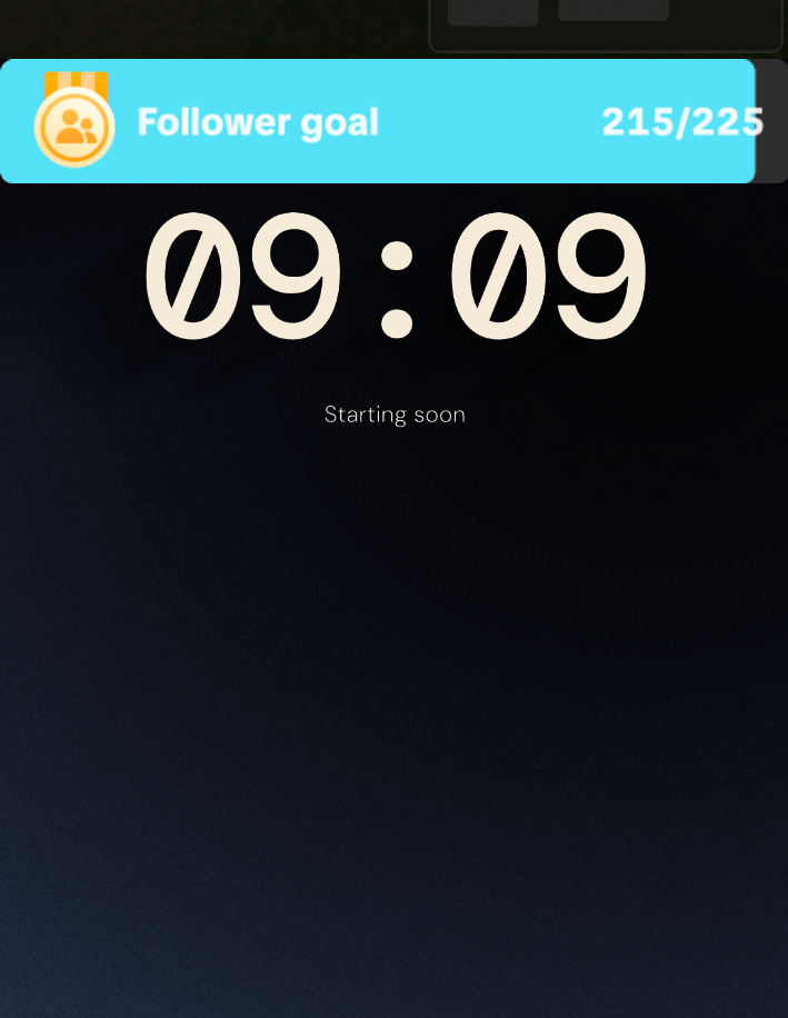 A portrait scene in TikTok LIVE Studio: the app's cyan follower goal bar, and below it the Sundial timer at 09:09 with the message Starting soon over the scene's dark background.