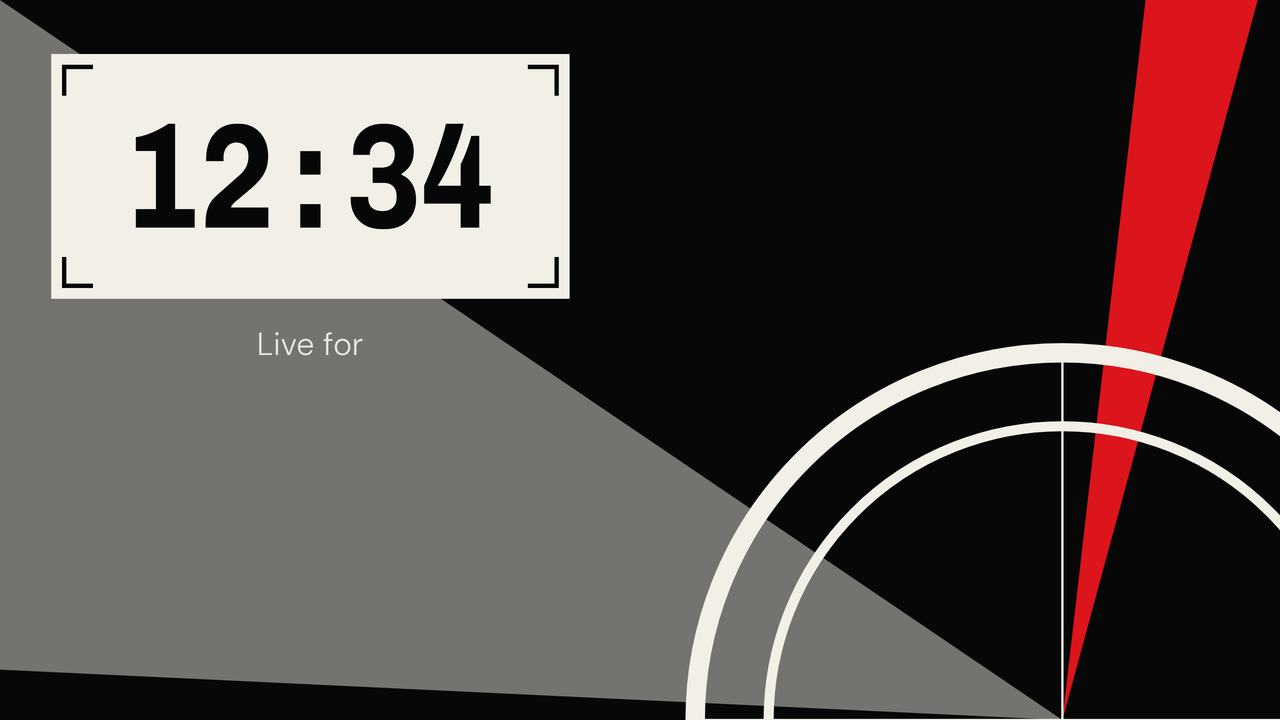 Broadcast Leader: count up. A stopwatch, 12:34 in.