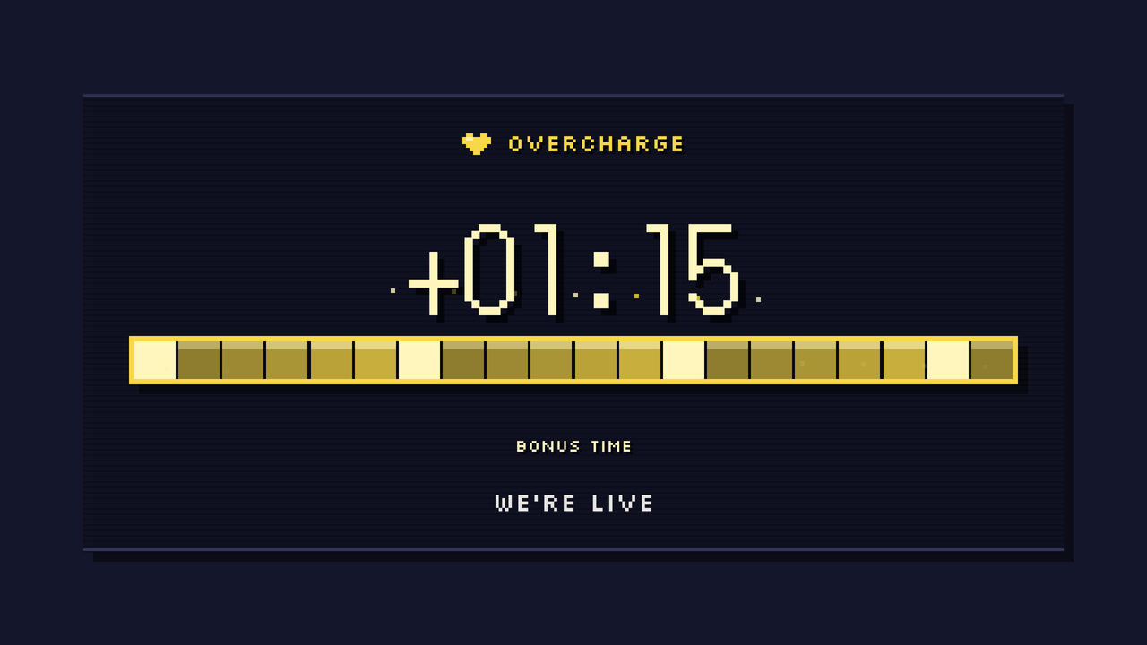 Pixel Quest: overtime. Counting up past zero, 1:15 over.