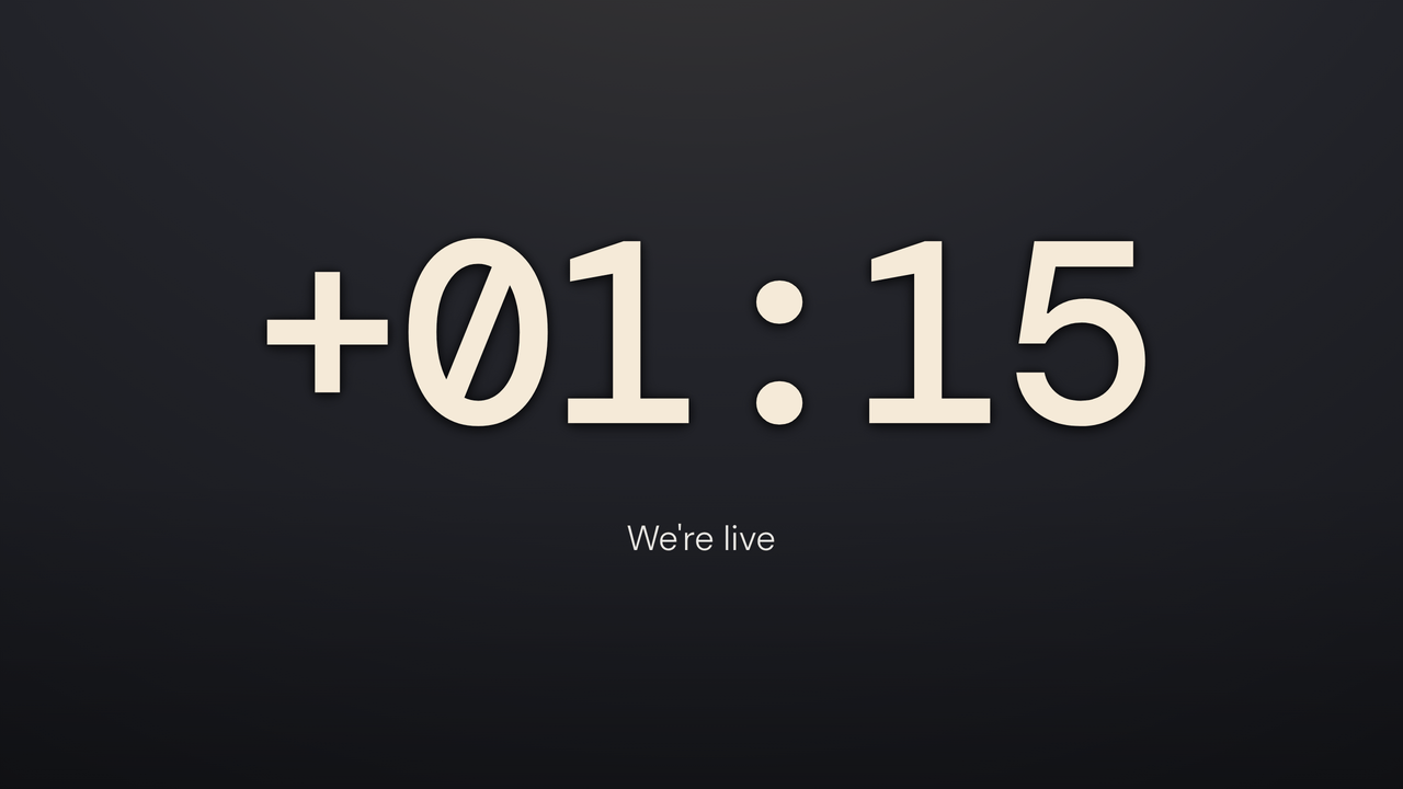 Sundial: overtime. Counting up past zero, 1:15 over.